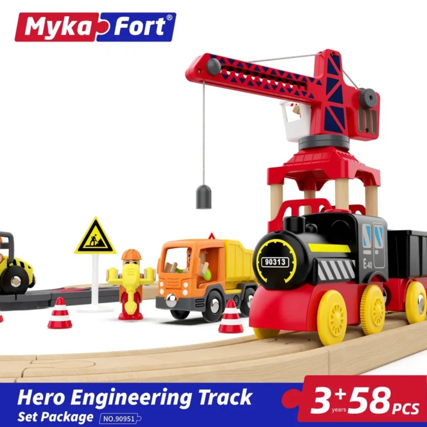 ערכת רכבת עץ חשמלית 58 חלקים - מהנדסי כבישים Myka Fort – תמונה 4