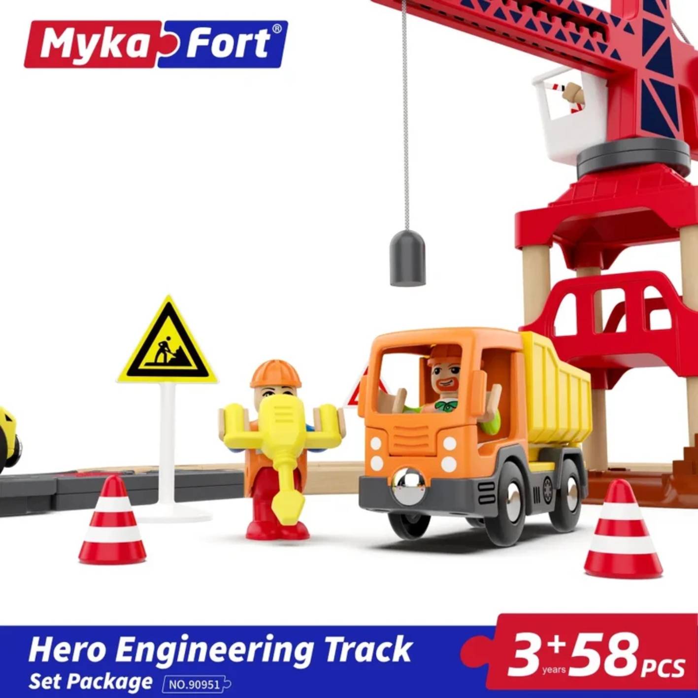 ערכת רכבת עץ חשמלית 58 חלקים - מהנדסי כבישים Myka Fort – תמונה 5
