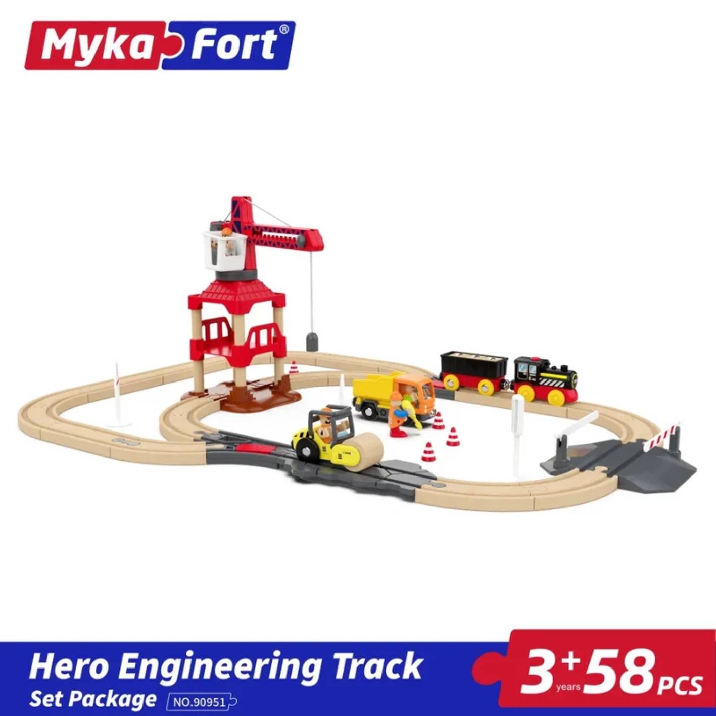 ערכת רכבת עץ חשמלית 58 חלקים - מהנדסי כבישים Myka Fort – תמונה 6